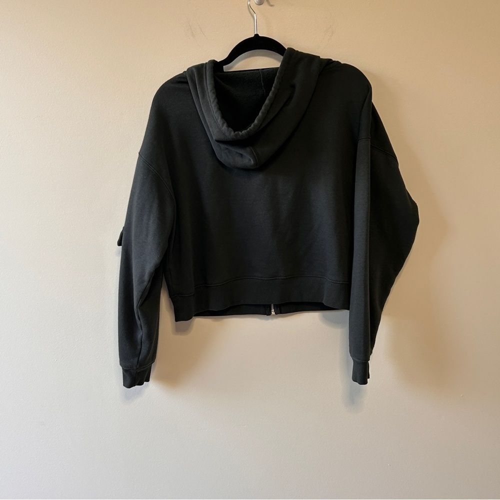 Women's Large Cropped Hoodie Zipped Front Pockets Dark Grey Oversized - Picture 3 of 8